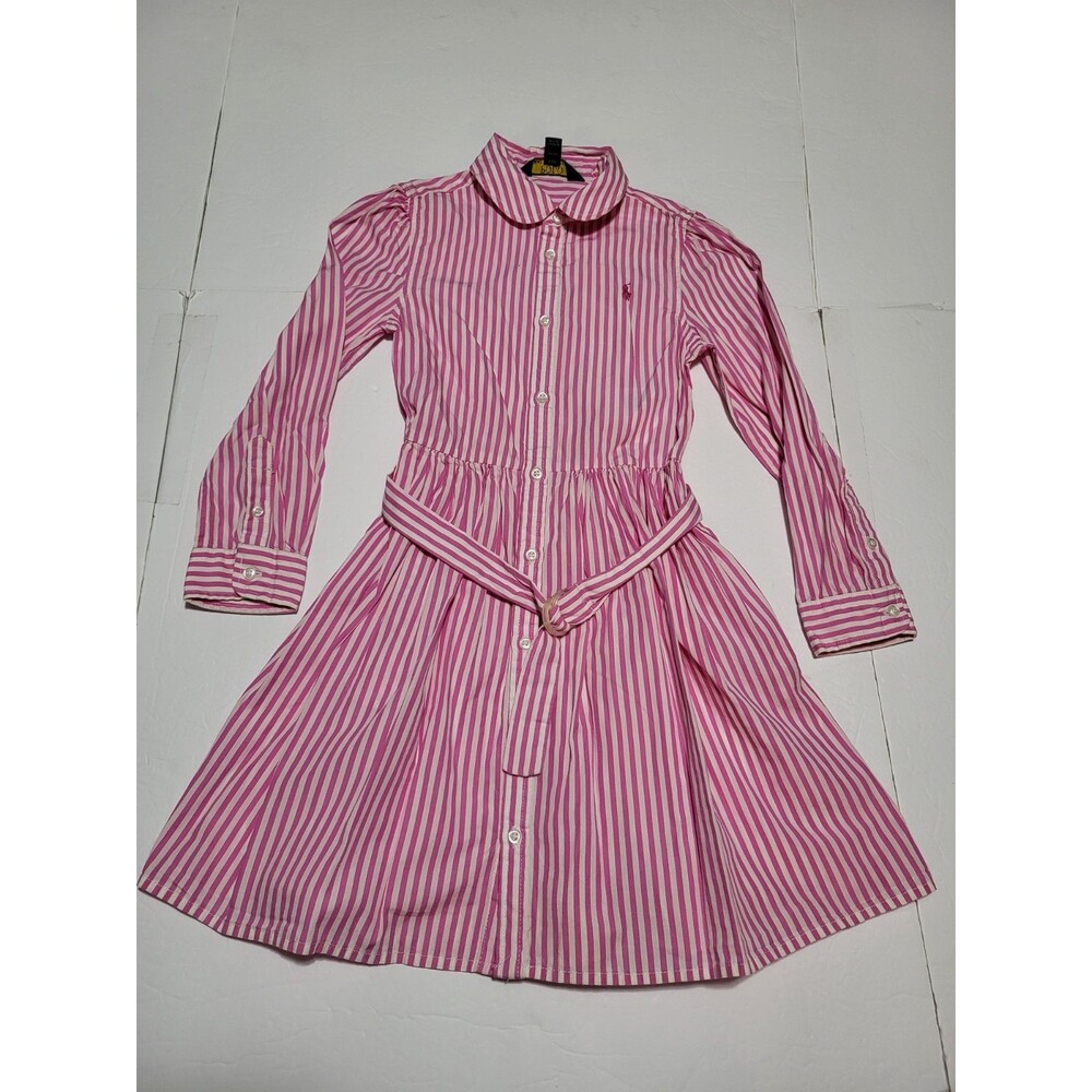 (#L8) Polo Ralph Lauren Girls Pink White Striped Button Front Shirt Dress Size 6